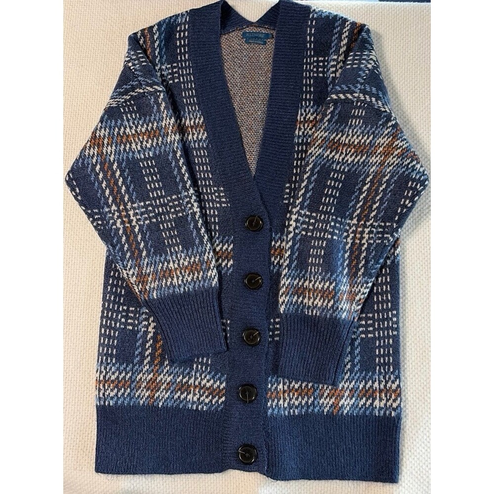 Biltmore Plaid Cardigan Sweater Blue Multi-Color Button Front Size Small